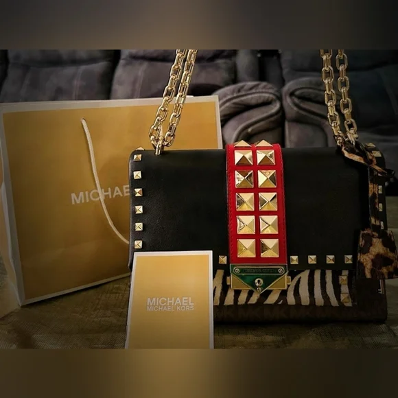 Michael Kors Cece Medium Logo Mixed-Media Convertible Black & Red Studded Bag - Picture 6 of 15